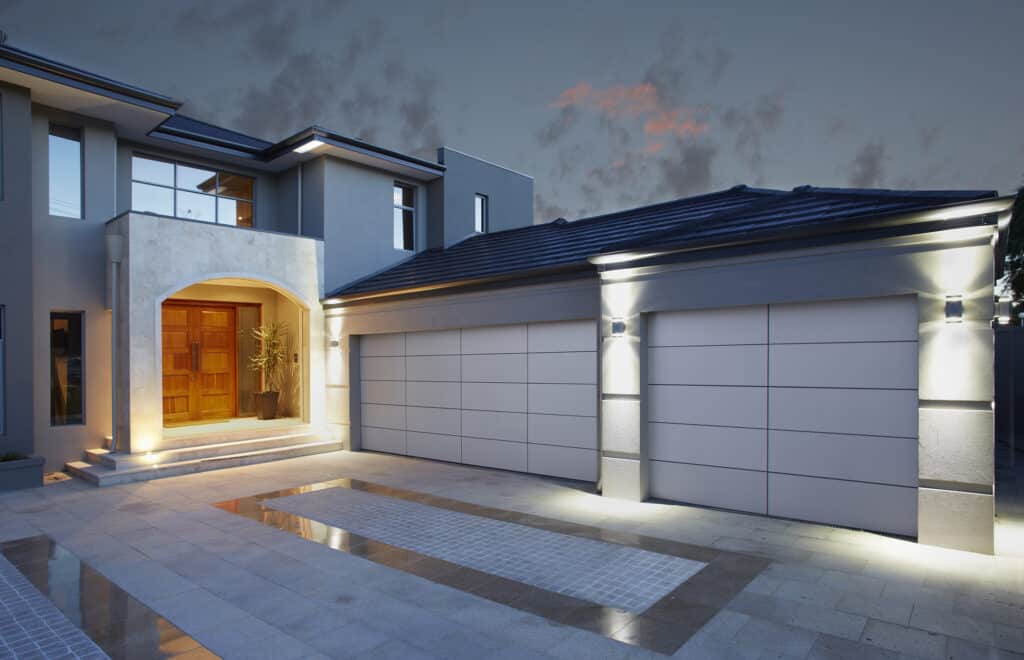 The garage of a modern house at sunset